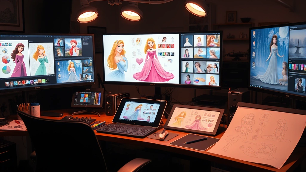 Wide cinematic shot of an animator's workspace with multiple monitors displaying princess character designs and animation frames, warm studio lighting illuminating detailed storyboards and color palettes, professional digital tablets and drawing equipment scattered across desk, photorealistic detailed environment