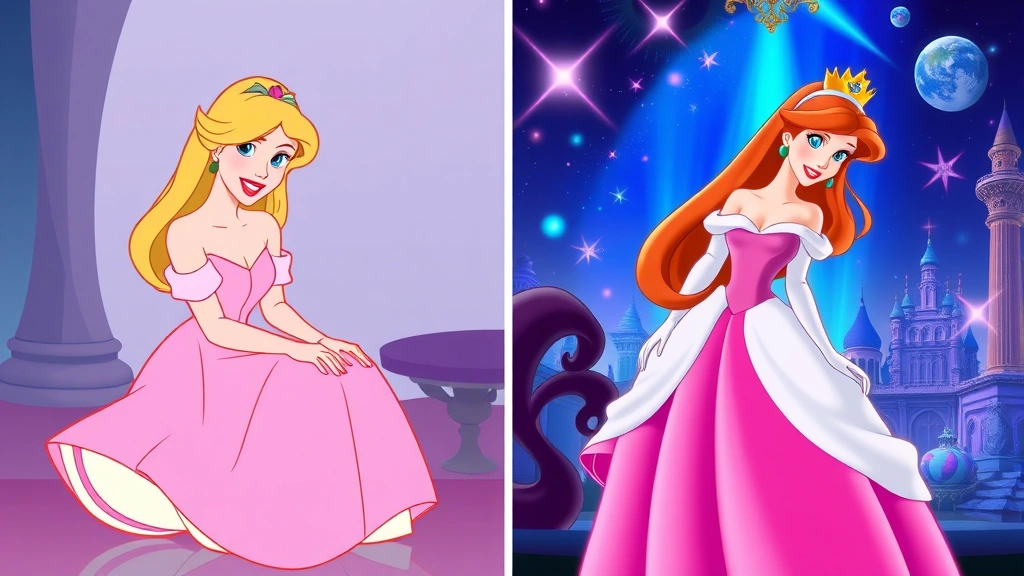 Split-screen comparison showing evolution of Disney animation techniques: left side features classic hand-drawn cel animation with soft pastels and traditional techniques, right side displays modern computer-generated animation with vibrant colors and complex visual effects, both showcasing princess characters in similar poses, photorealistic rendering