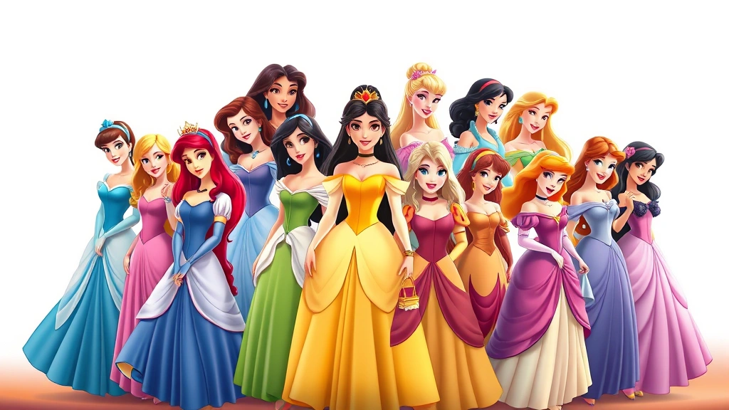Diverse group of animated princess characters standing together in a unified composition, representing different cultures and eras of Disney films, colorful costumes and distinct artistic styles visible, warm lighting emphasizing character expressions and details, photorealistic illustration style
