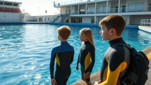 Young adolescent students in wetsuits standing at the edge of a pristine aquatic facility, gazing thoughtfully at the water below, sunlight reflecting off the surface, professional marine education environment with modern infrastructure