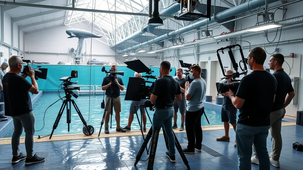 Film production crew with professional cinematography equipment positioned around an indoor marine facility, underwater camera rigs and lighting systems visible, capturing the technical complexity of filming in aquatic environments, professional filmmaking setup