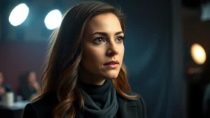 Professional actress in dramatic scene, intense emotional expression, studio lighting, close-up portrait photography, film set atmosphere, cinematic depth of field