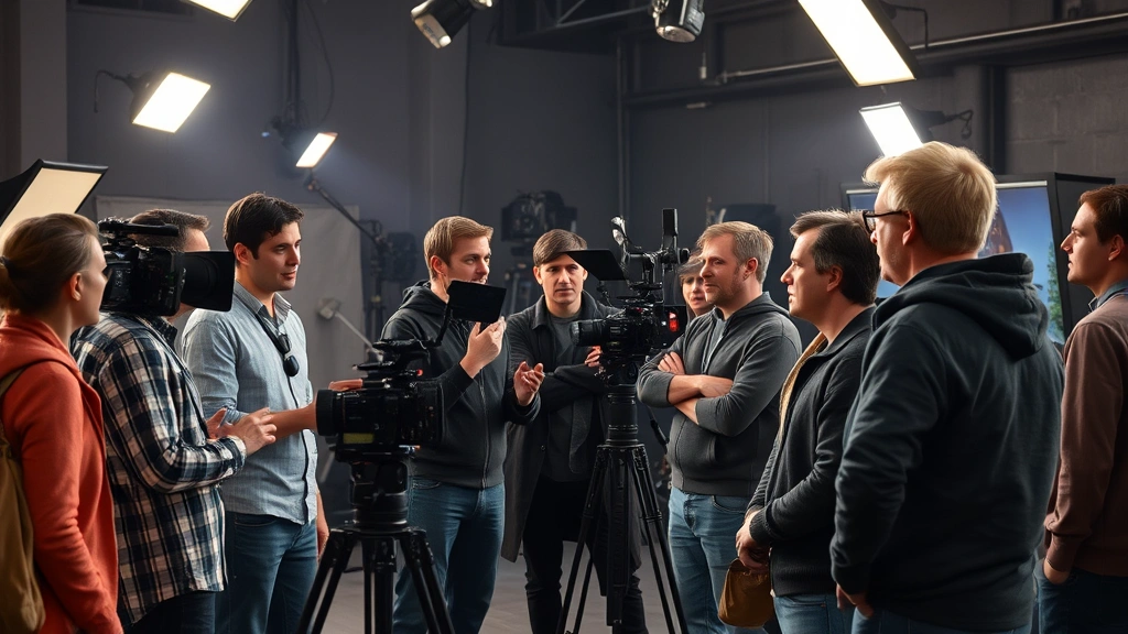 Film production environment with director and crew collaborating, independent cinema set, creative atmosphere, actors and filmmakers engaged in discussion, behind-the-scenes authenticity