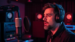 Professional male voice actor in modern recording studio, speaking into professional microphone with pop filter, dramatic blue-red lighting, focused expression, high-tech audio equipment visible in background, photorealistic, no text or interface elements
