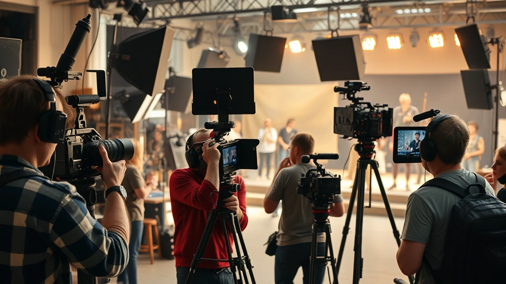 Diverse film production set with professional crew members operating cinema cameras, lighting rigs, and sound equipment, actors performing scene in background, bustling creative environment, natural warm lighting, photorealistic, no visible screens or text