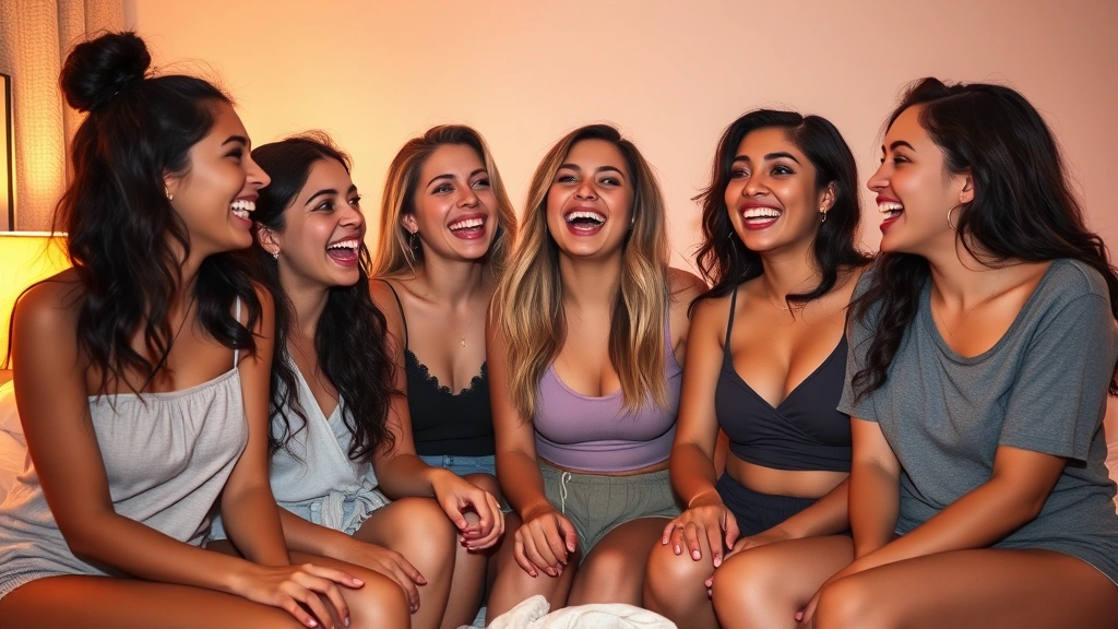 Diverse group of young women laughing together at a sleepover or casual gathering, representing friendship and body positivity, warm lighting, candid genuine expressions, no visible text or screens