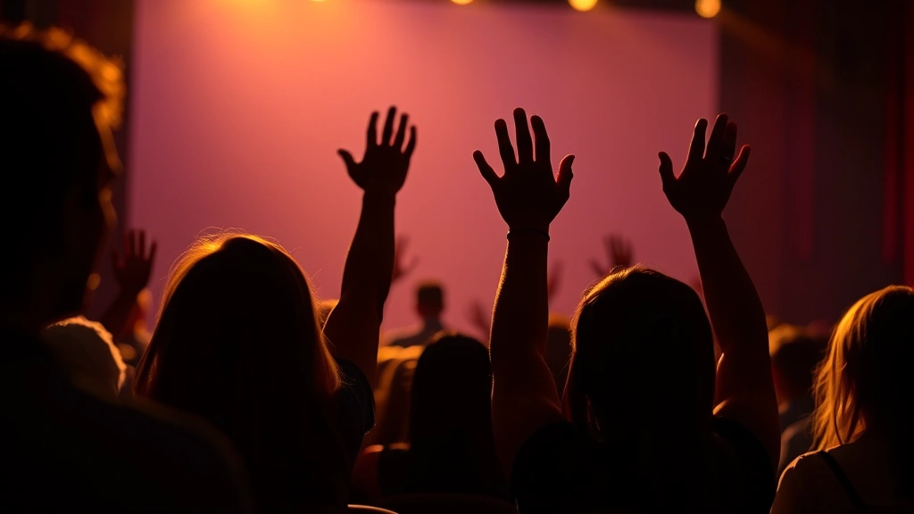Silhouettes of audience members with hands raised during an emotional movie moment, theater or home setting, warm ambient lighting creating intimate atmosphere, celebrating viewer engagement and emotional response