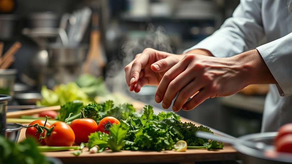 Cinematic close-up of hands preparing fresh ingredients in a professional kitchen, steam rising, warm professional lighting, artisanal cooking environment, photorealistic detailed texture of vegetables and utensils