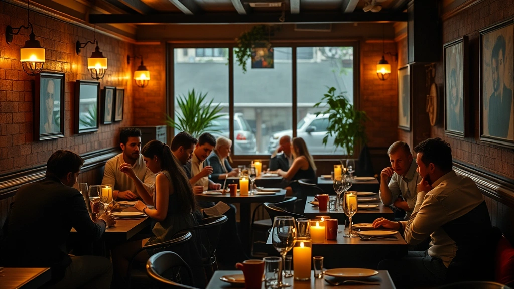 Intimate restaurant interior scene with diverse diners seated at tables, warm ambient lighting creating cozy atmosphere, authentic decor elements, candlelit ambiance, photorealistic people sharing meals and conversation