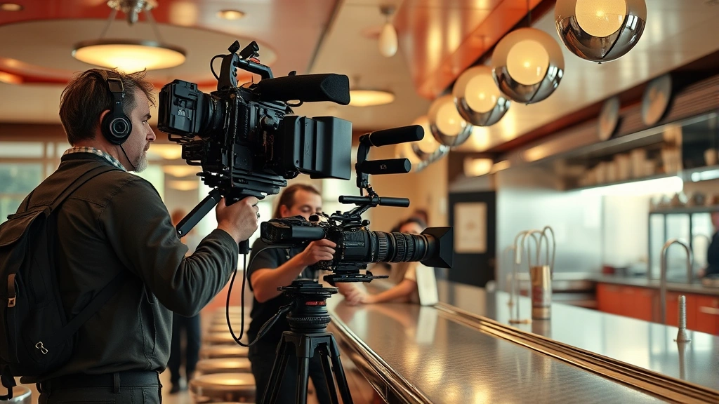 Film production crew operating camera equipment near a vintage diner counter, professional cinematography setup, warm retro diner aesthetic with chrome fixtures, capturing authentic restaurant environment for movie production