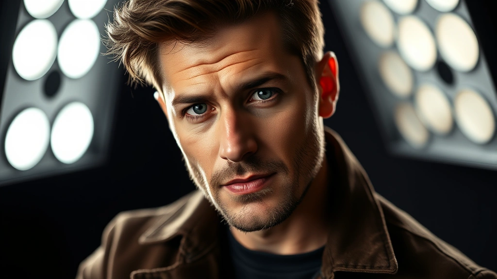 Professional actor headshot in dramatic studio lighting, modern aesthetic, soft shadows, contemporary fashion, confident expression, neutral background, photorealistic detail