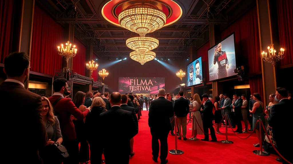 Film festival scene with red carpet atmosphere, elegant venue, entertainment industry professionals, sophisticated lighting, glamorous but authentic setting, celebration of cinema