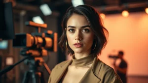 Professional female performer in modern film studio setting, wearing stylish contemporary clothing, dramatic lighting highlighting facial expression, cinematic depth of field, professional camera equipment blurred in background, sophisticated color grading, motion picture aesthetic