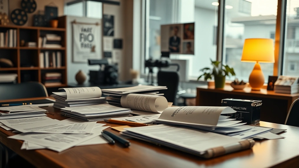 Entertainment industry workspace showing production notes, scripts, and creative materials scattered across modern desk, warm professional lighting, film industry memorabilia visible, contemporary office environment, shallow depth of field focusing on creative work materials