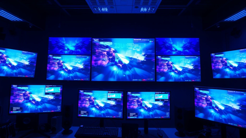 Modern streaming platform interface displayed on multiple screens in darkened room, glowing blue and purple tones, contemporary digital media environment, professional monitoring setup, cinematic lighting, no readable text or specific interface details visible