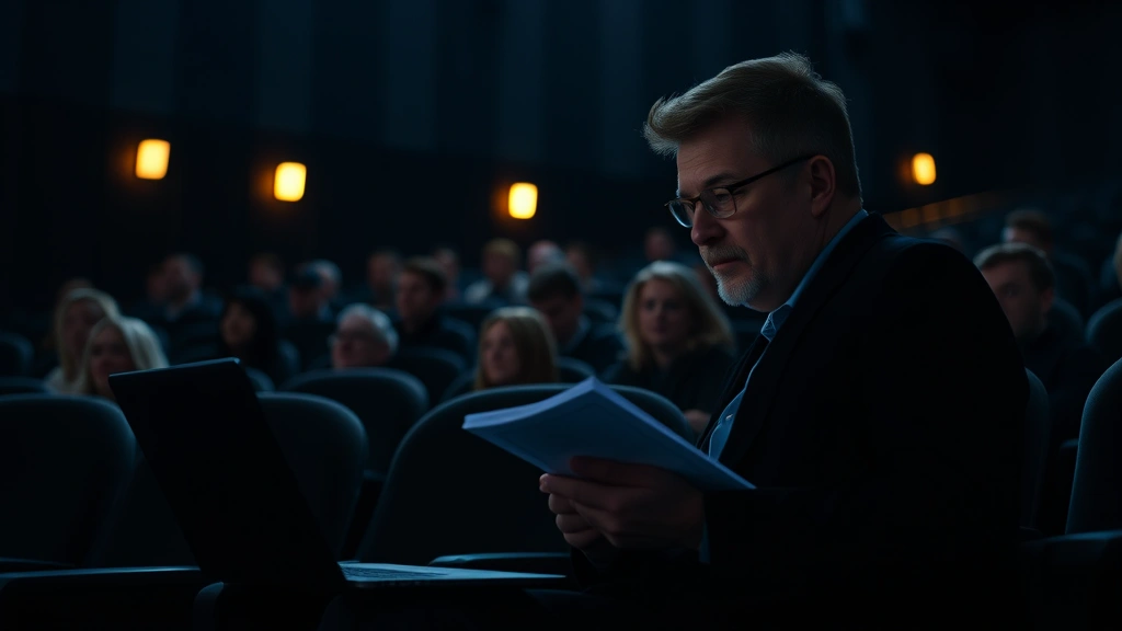 Film critic taking notes in dark modern cinema theater during screening, laptop and notebook visible, moody theatrical lighting, focused expression, professional media environment