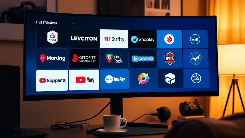Multiple streaming platform logos and interface elements displayed on large monitor screen in home office setup, warm ambient lighting, comfortable workspace with coffee cup, digital media editing environment