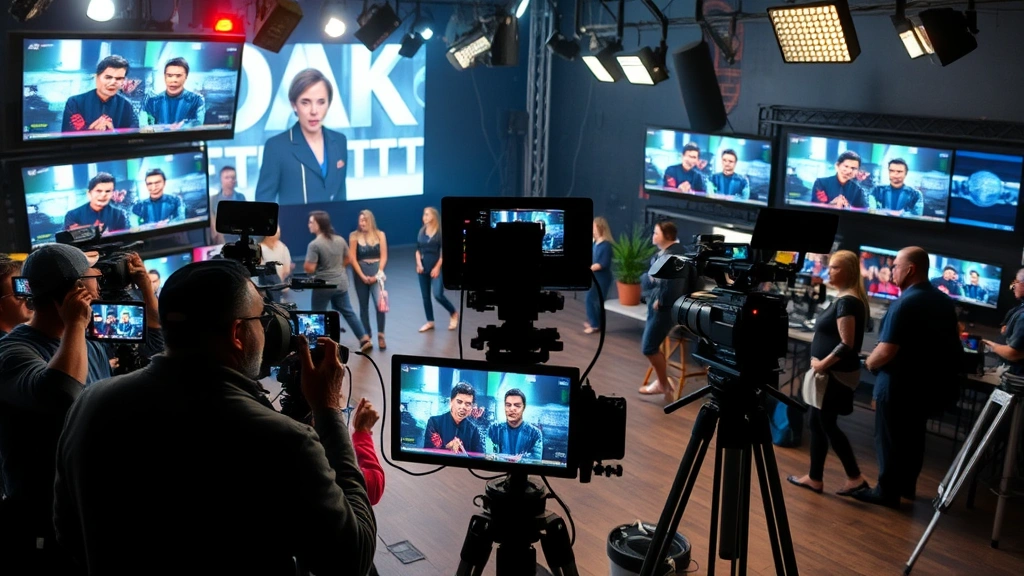 Television production set with cameras, lighting rigs, and monitors showing actor performances, bustling behind-the-scenes activity, professional crew members working, dramatic color grading and cinematography visible
