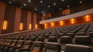 Modern movie theater interior with comfortable reclining seats, warm lighting, and contemporary architectural design, empty theater ready for audiences, photorealistic, professional cinema environment