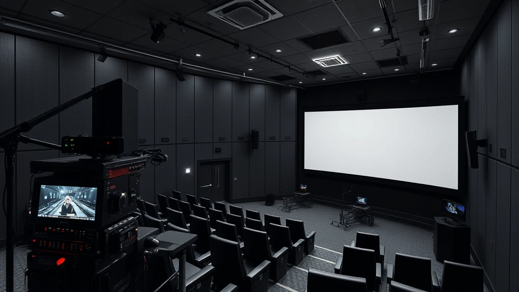 State-of-the-art projection room with advanced cinema technology, multiple screens visible, technical equipment and modern lighting systems, professional theater operations, photorealistic detailed equipment setup