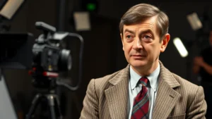Rowan Atkinson in character as Mr. Bean, wearing his signature tweed jacket and thin tie, captured mid-comedic expression in a modern film studio setting with professional lighting and camera equipment visible in soft focus background