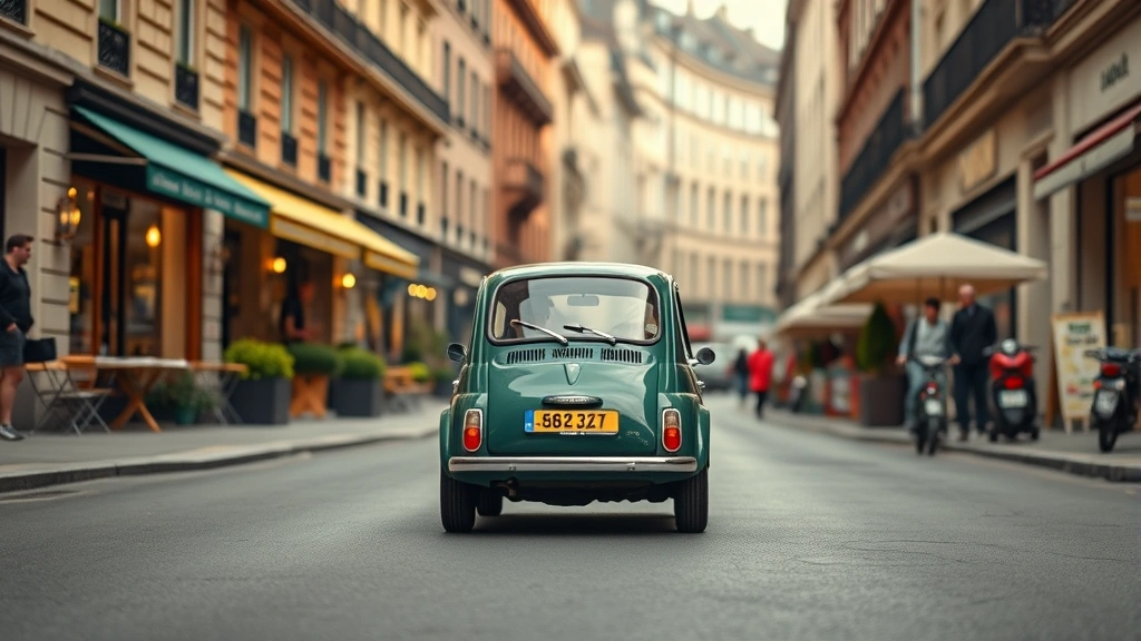 Mr. Bean's iconic tiny car from the films, photographed from an artistic angle showing its diminutive scale in an urban European street setting with cafes and architecture, conveying the character's relationship with the vehicle