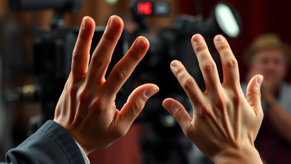 Close-up of an actor's hands performing exaggerated physical comedy gestures during a film scene, showing precise hand positioning and movement that communicates emotion without dialogue, with blurred film production equipment in background
