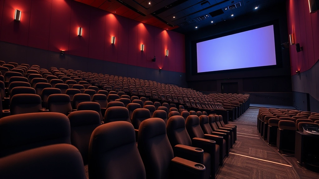 Professional photograph of a modern movie theater interior featuring comfortable stadium seating with cup holders, warm ambient lighting throughout the auditorium, and a large cinema screen visible in the distance, showcasing contemporary theater design and comfort amenities without any text or interface elements visible