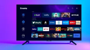 Digital media streaming dashboard with vibrant blue and purple interface elements, multiple streaming service logos displayed on modern smart TV screen, showing content categories and recommendations, professional lighting emphasizing technology and entertainment convergence