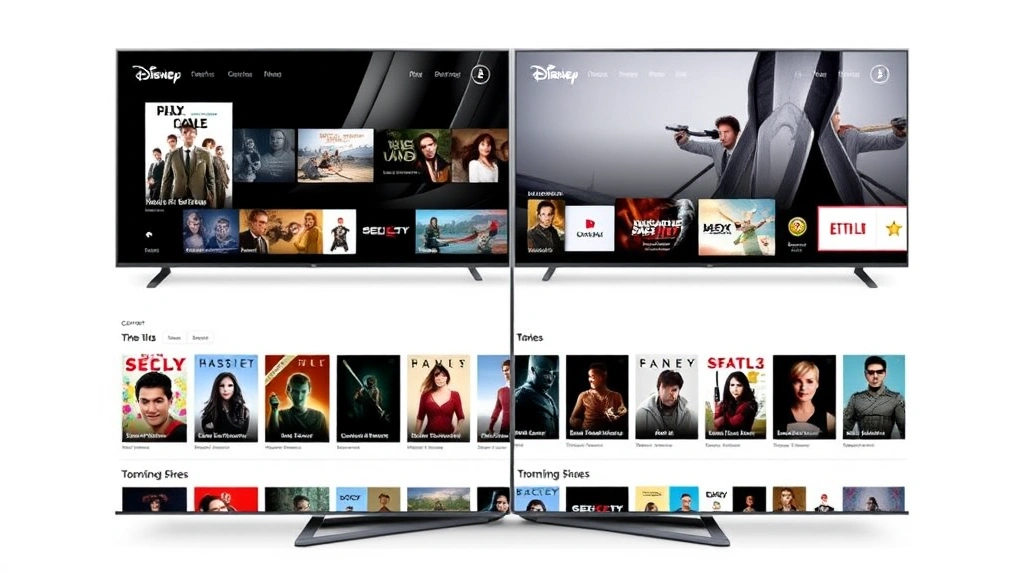 Split-screen comparison showing different streaming platform interfaces side by side, featuring various movie thumbnails and genre categories, modern minimalist design with emphasis on user interface elements and navigation, clean bright aesthetic
