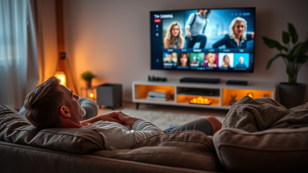 Person relaxing on couch watching movies on large television screen, streaming service menu visible, warm ambient lighting, comfortable home entertainment setup, showing genuine engagement with content, modern living room with smart TV technology
