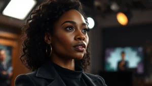 Professional Black female actress in dramatic lighting, contemplative expression, modern television studio background, sophisticated costume, natural emotion, cinematic photography, no text or watermarks