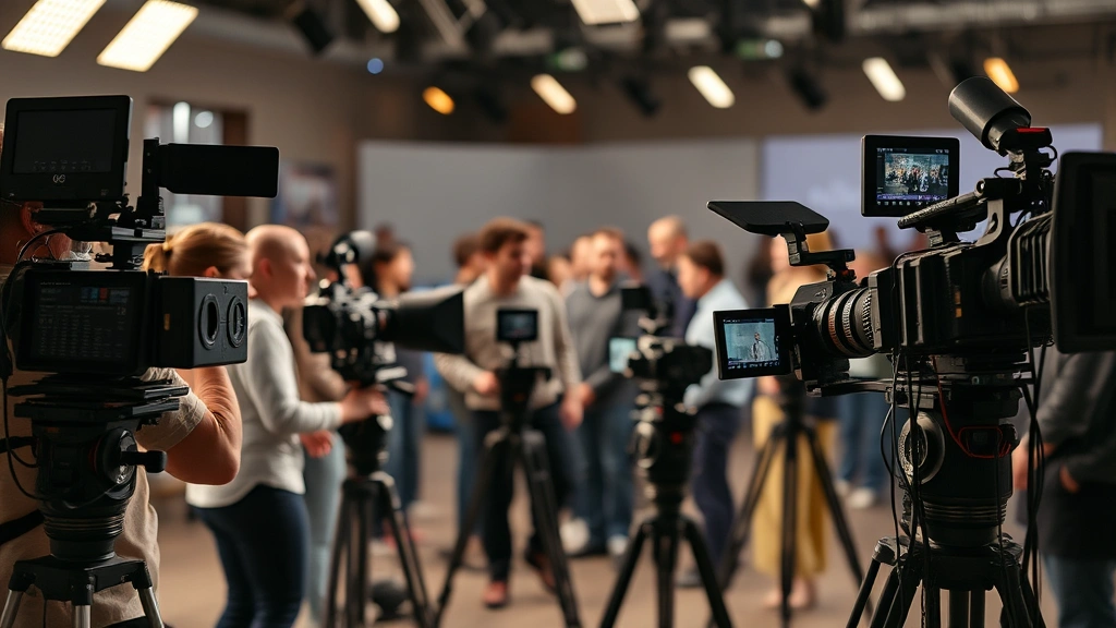 Diverse television production set with cameras and professional equipment, collaborative creative environment, warm lighting, industry-standard setup, engaged crew members blurred in background, professional aesthetic, no visible screens or text