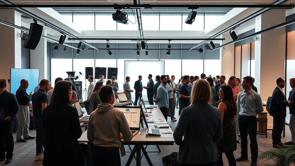 Modern entertainment industry workspace showing production planning materials, networking event atmosphere with industry professionals, sophisticated venue, collaborative spirit, natural professional setting, no visible screens or identifying information