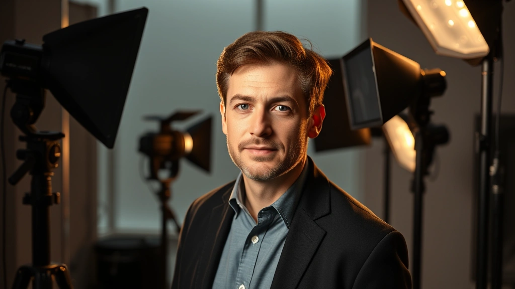 Professional actor headshot lighting setup in modern studio environment with soft key lights and reflectors, cinematic professional photography style, warm color grading, dramatic but approachable atmosphere