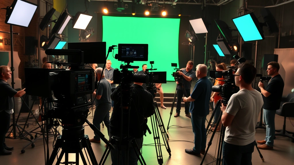 Television and film production set with camera equipment, lighting rigs, and crew members working collaboratively, behind-the-scenes documentary style photography, professional broadcast quality setup