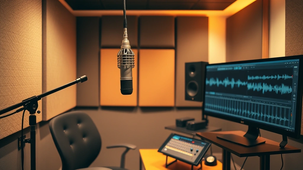 Voice acting recording booth with professional microphone, acoustic treatment panels, digital audio interface, and computer monitor showing waveforms, modern professional studio environment with warm ambient lighting
