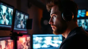 Cinematic close-up of a filmmaker reviewing footage on a professional monitor in a modern editing suite, warm studio lighting reflecting on their face, surrounded by color grading equipment and multiple screens