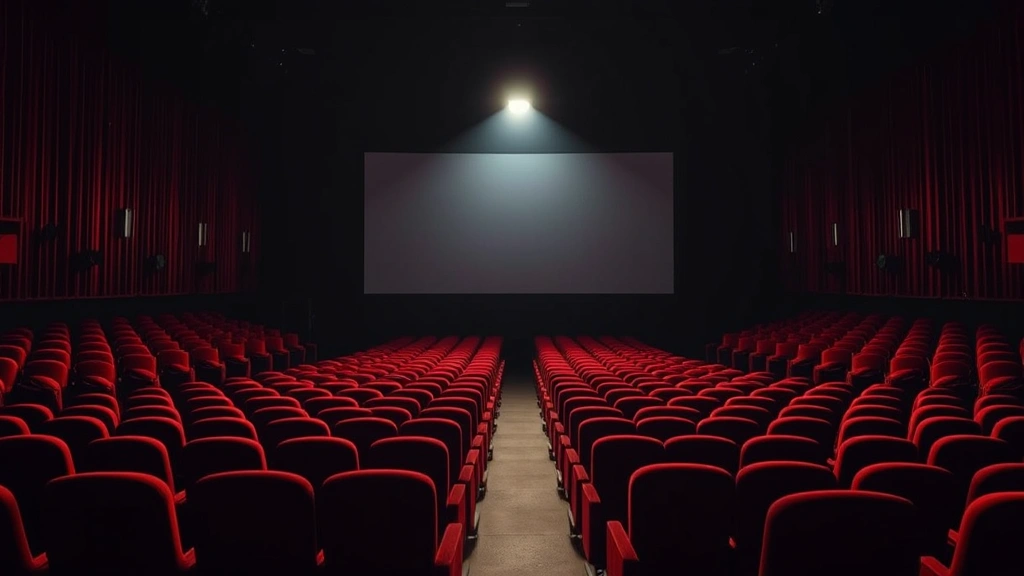 Wide shot of a film festival screening room with rows of empty red velvet seats, single spotlight illuminating the projection screen, dramatic theatrical atmosphere with deep shadows