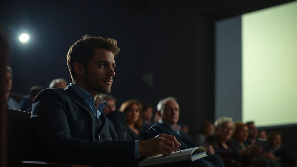 Professional film critic taking notes in a darkened theater during a screening, pen in hand on notebook, soft light from projection screen creating dramatic side lighting on their concentrated expression