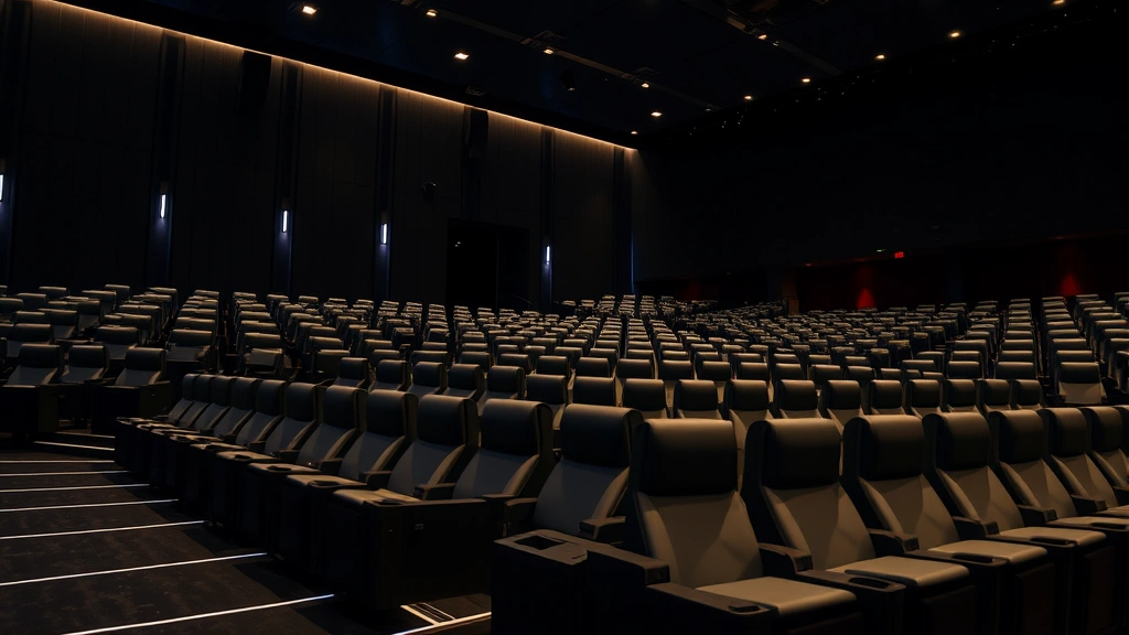 Modern multiplex theater interior showcasing rows of motorized recliners with LED lighting and premium seating configuration in dimly lit auditorium space