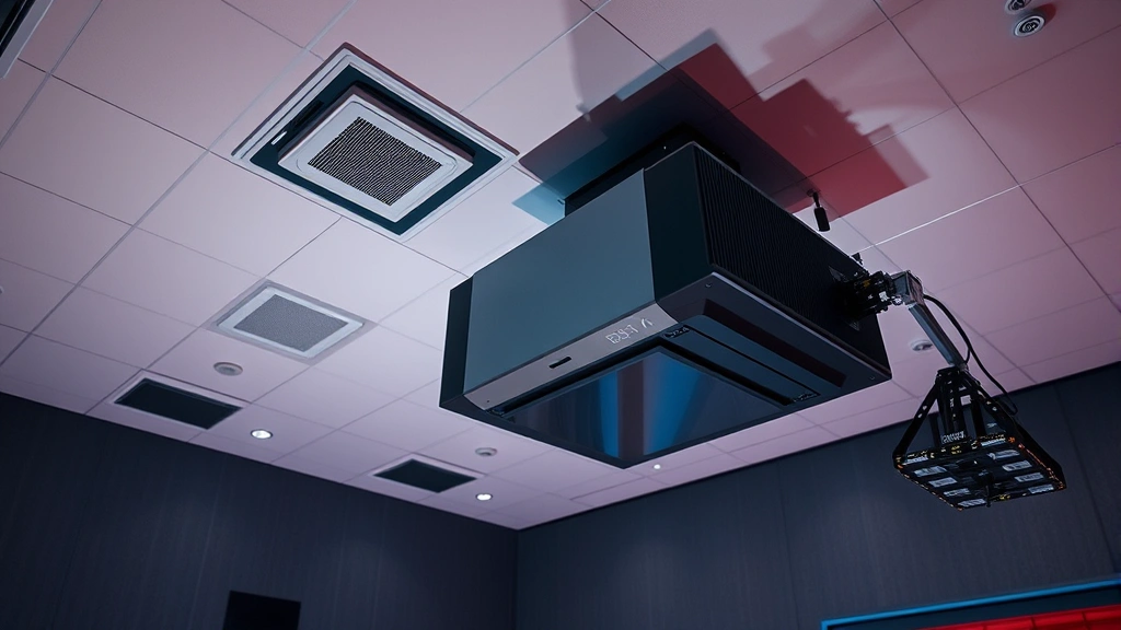 Advanced 4K laser projection system mounted in theater ceiling projection booth with technical equipment and calibration instruments visible