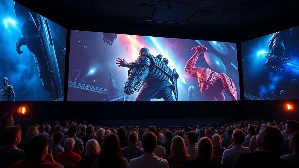 Theater audience viewing large IMAX screen with dramatic cinematic imagery displayed, showing scale and immersive visual presentation quality
