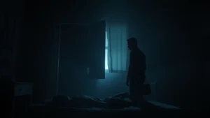Atmospheric moody lighting in dark bedroom setting with silhouettes of two figures, psychological thriller cinematography, cinematic tension and intimacy, professional film production quality