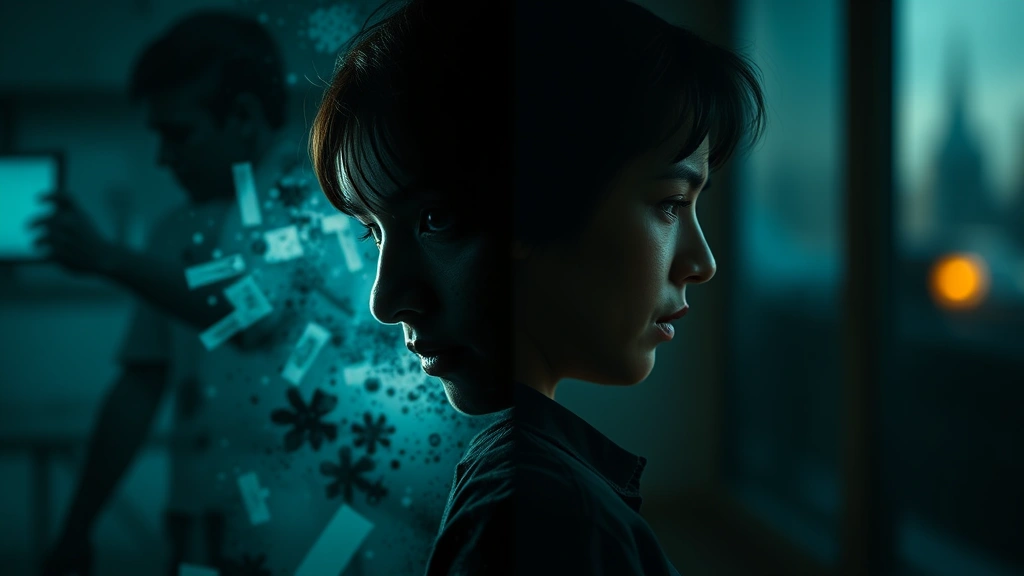 Split-screen visual showing contrasting past trauma and present moments, fragmented memories aesthetic, cinema color grading with cool shadows and warm highlights, narrative duality visualization