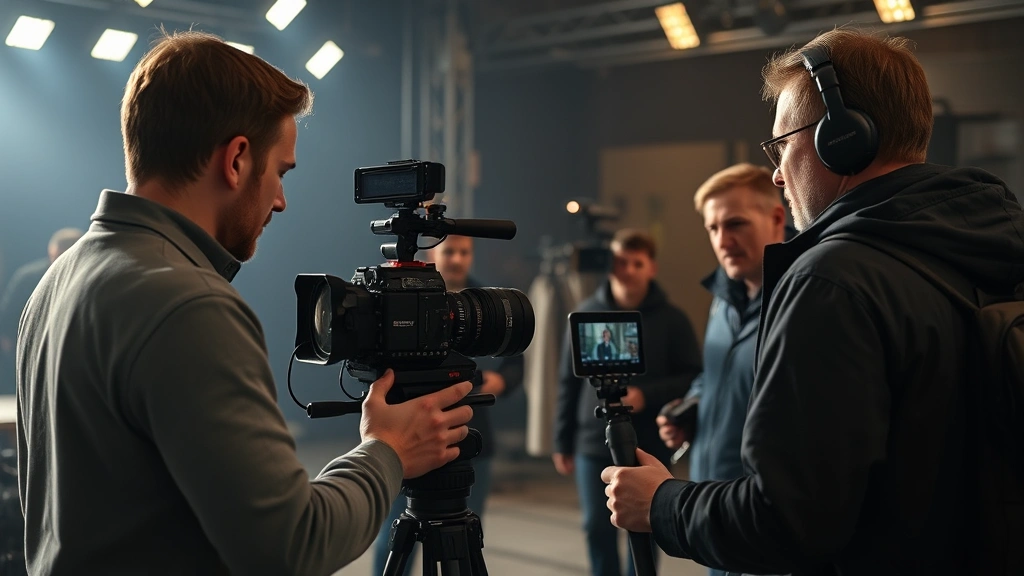 Film production crew operating professional cinema camera on dramatic set, director reviewing footage on monitor, behind-the-scenes adaptation filmmaking, creative collaboration in action
