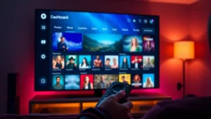 Digital streaming dashboard interface showing multiple movie thumbnails, vibrant colors, modern minimalist design, person holding remote control in home theater setting, warm ambient lighting, no visible text or UI labels