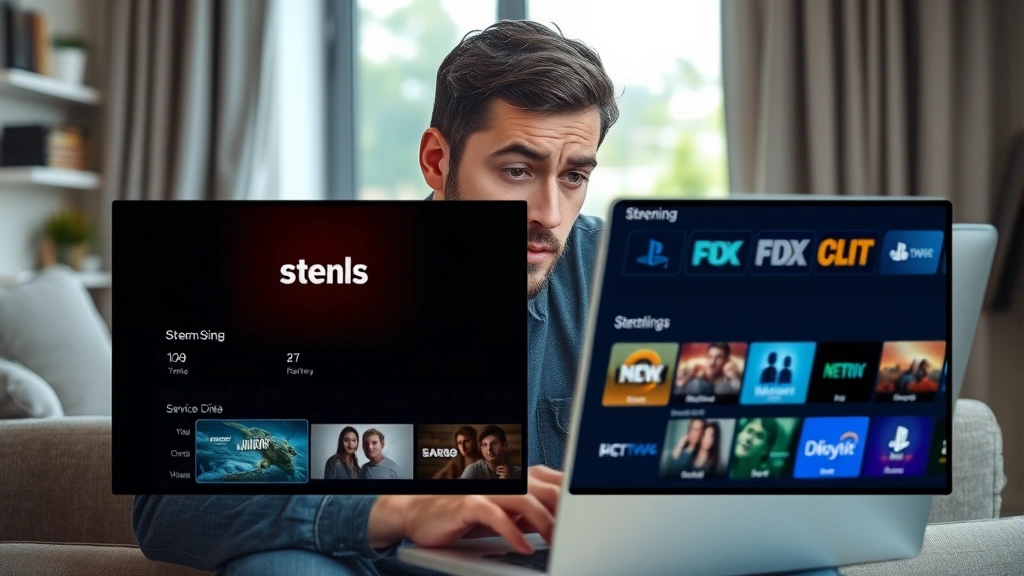 Split-screen showing frustrated viewer at laptop comparing streaming service options, modern apartment background, natural window lighting, contemplative expression, streaming apps visible but not readable, contemporary aesthetic
