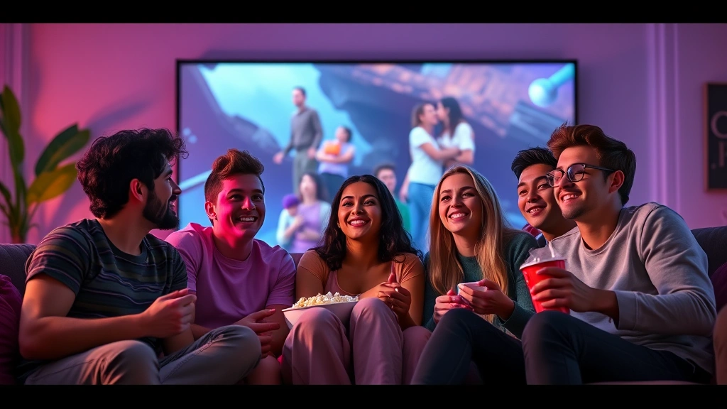 Group of diverse young adults watching movie together on large screen, relaxed living room environment, colorful mood lighting, engaged expressions, popcorn and snacks visible, casual home entertainment setting, no text overlays