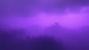 Moody Minecraft landscape with purple-tinted fog and distant blocky structures, eerie atmosphere, no characters visible, photorealistic rendering of pixelated world, mysterious lighting